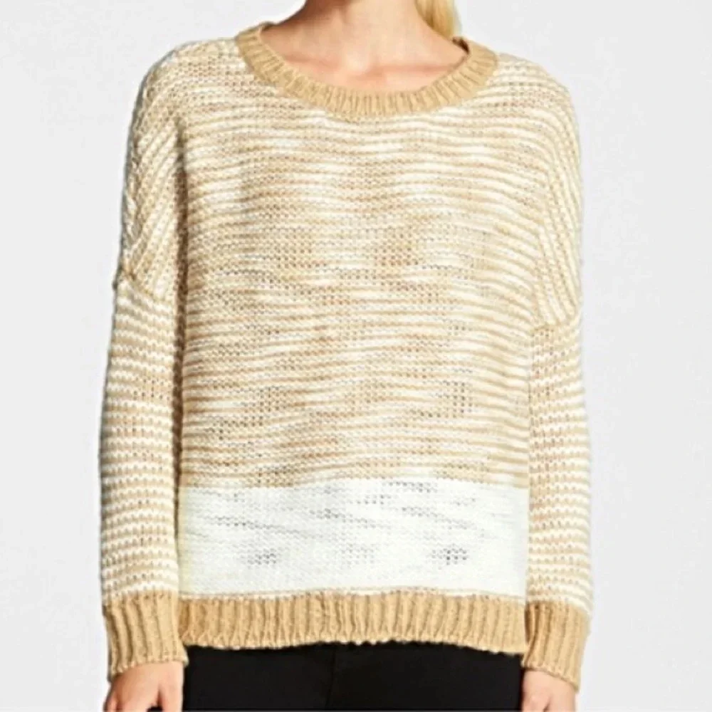 Nordstrom Trouvé Tan Stripe Reverse Stitch Wool Sweater S